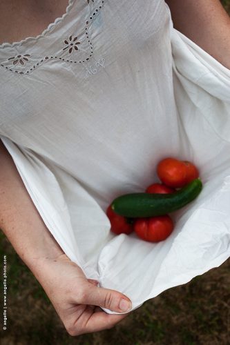 photo @ angelle-femme-tomates-courgettes chemise ramassage culture tradition couleurs